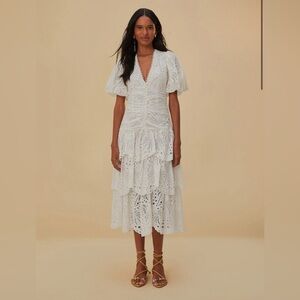 Farm Rio White Cotton Eyelet Puff Sleeve Midi Dress